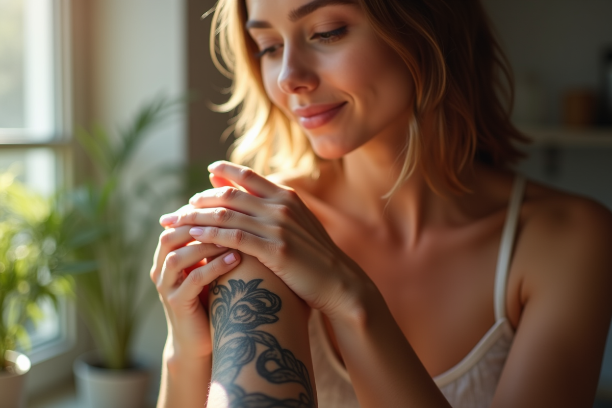 Jeune femme hydrate sa peau tatouée au soleil