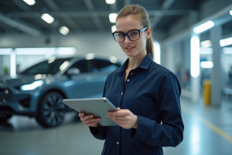 Jeune femme ingénieure automobile en environnement moderne