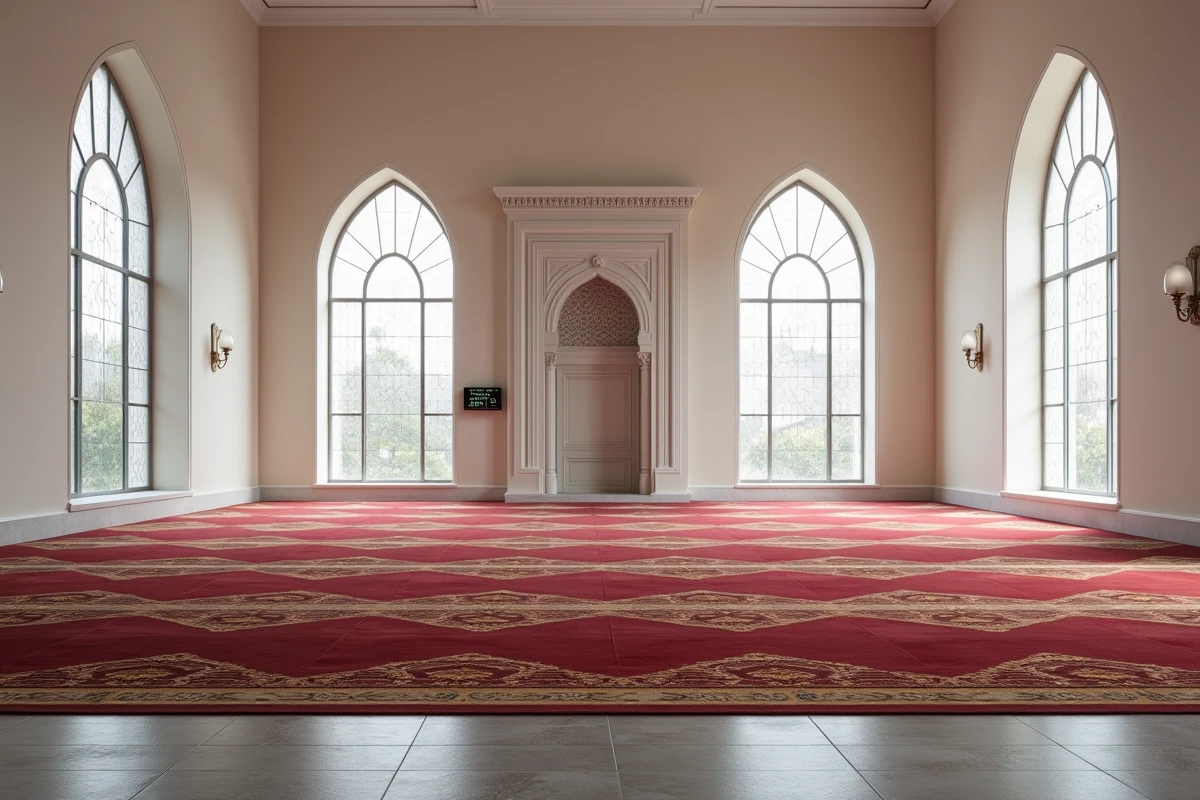 Intérieur d'une salle de prière de mosquée avec un panneau numérique affichant les horaires de prière