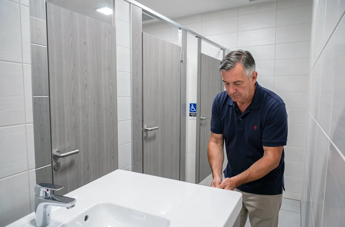 Intérieur propre d'un WC public dans un centre commercial français avec lavabo et cabines