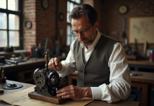 Invention automobile : quelle révolution a favorisé l’émergence du véhicule ? Inventeur du 19e siècle examinant un moteur mécanique dans un atelier ancien