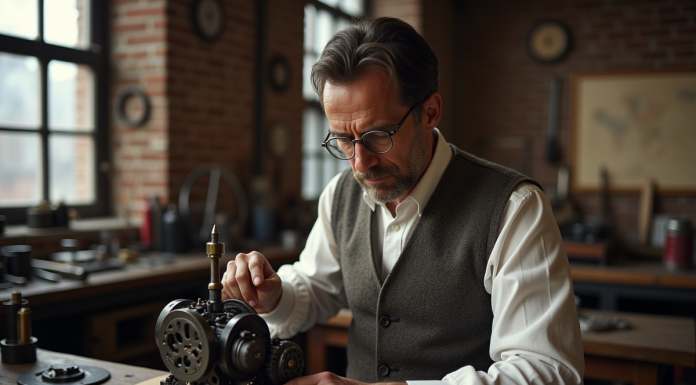 Inventeur du 19e siècle examinant un moteur mécanique dans un atelier ancien