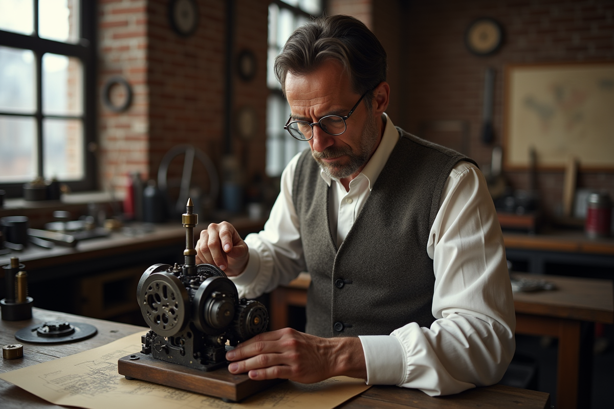 Inventeur du 19e siècle examinant un moteur mécanique dans un atelier ancien