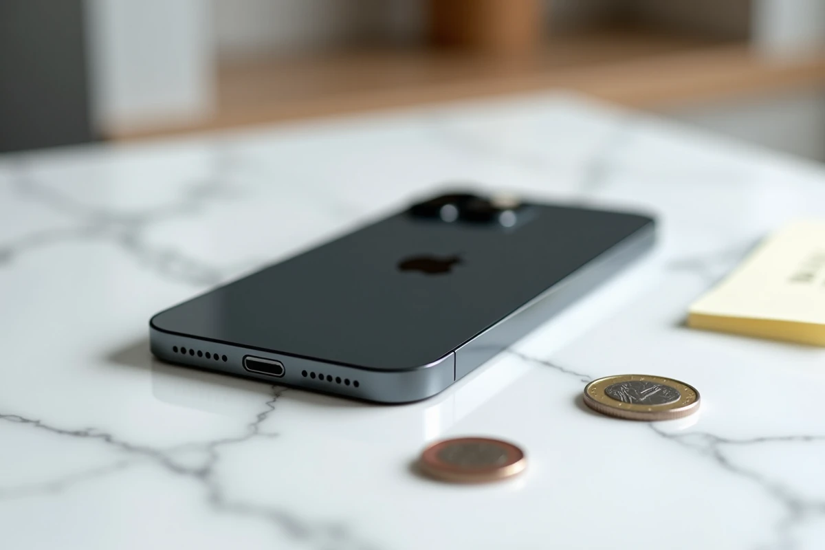 iPhone 14 posé sur un comptoir en marbre avec un prix affiché et des pièces en euros, symbolisant une offre promotionnelle en 2026