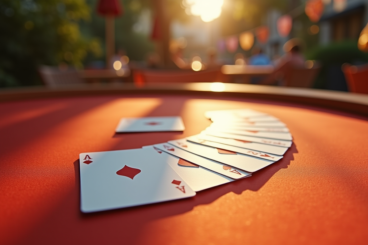 Jeu de cartes pour la crapette sur une table en extérieur ensoleillee
