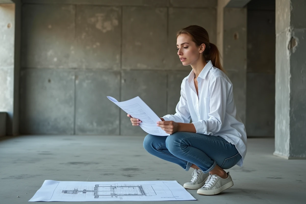 Jeune architecte regardant des plans sur un chantier intérieur
