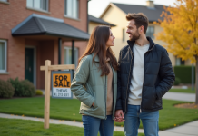 Jeune couple regardant une maison à vendre devant leur maison