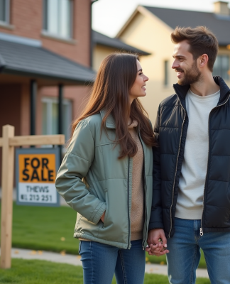 Jeune couple regardant une maison à vendre devant leur maison