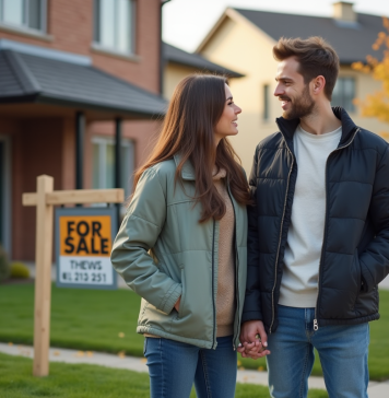 Jeune couple regardant une maison à vendre devant leur maison
