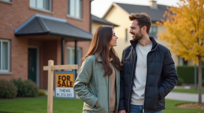 Jeune couple regardant une maison à vendre devant leur maison