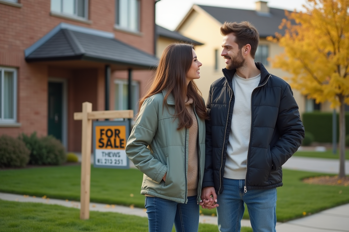 Jeune couple regardant une maison à vendre devant leur maison