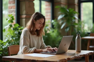 Jeune femme travaillant sur un ordinateur dans un bureau écologique