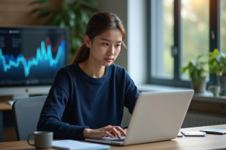 Jeune femme au bureau travaillant sur un ordinateur portable