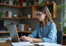 Jeune femme en bureau étudiant sur ordinateur pour citation