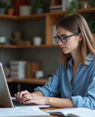 Jeune femme en bureau étudiant sur ordinateur pour citation