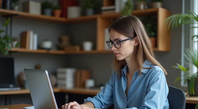Jeune femme en bureau étudiant sur ordinateur pour citation