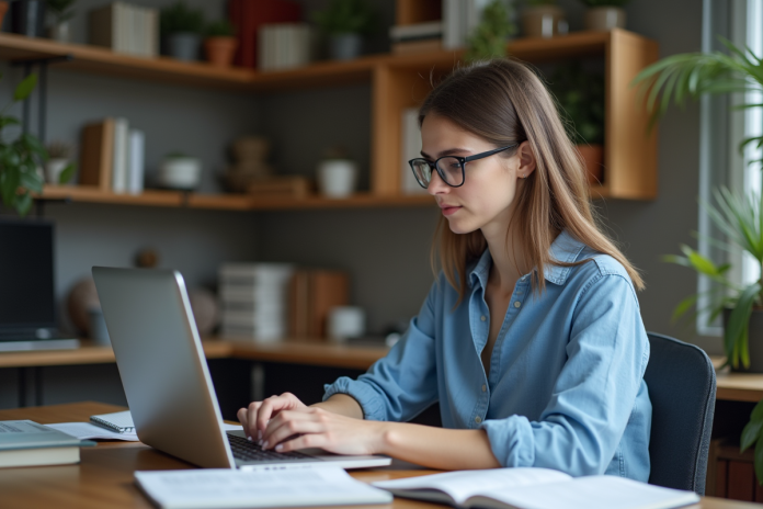 Jeune femme en bureau étudiant sur ordinateur pour citation