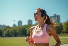 Jeune femme sportive courant en extérieur par beau temps