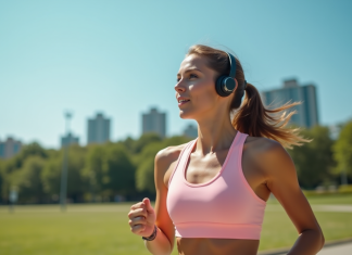 Les meilleurs casques audio sans fil pour le sport : notre sélection 2025 Jeune femme sportive courant en extérieur par beau temps