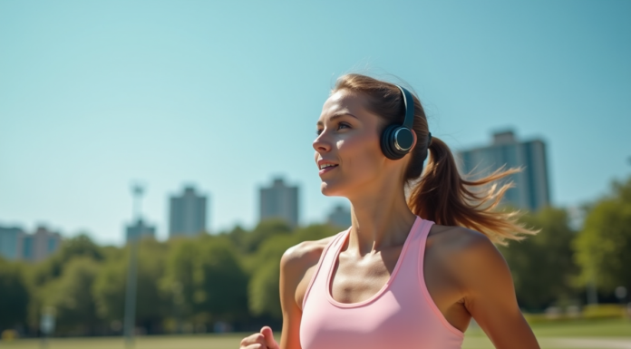Jeune femme sportive courant en extérieur par beau temps