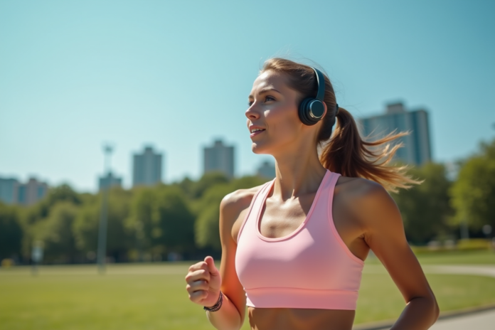 Jeune femme sportive courant en extérieur par beau temps