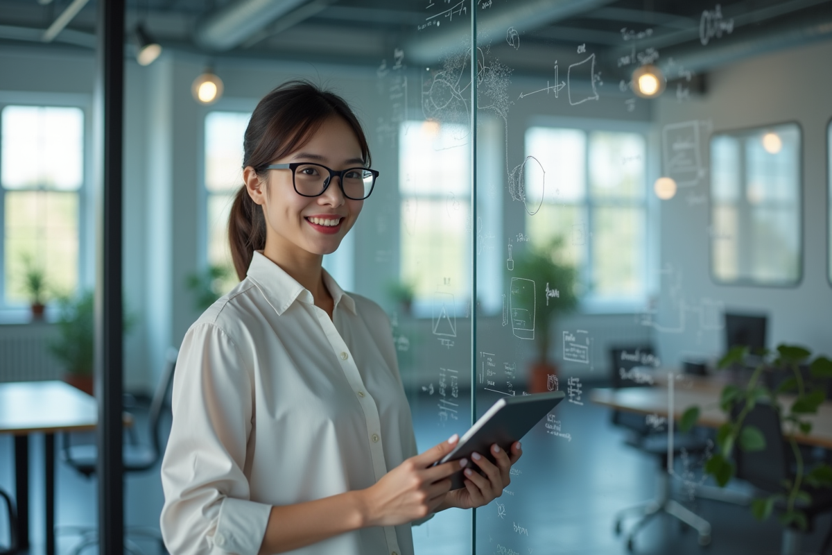 Jeune femme avec tablette devant un mur de diagrammes neural