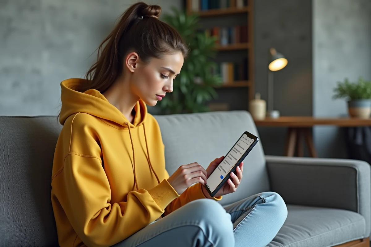 Jeune femme consultant la FAQ du centre d'aide Le Bon Coin sur une tablette pour récupérer des annonces