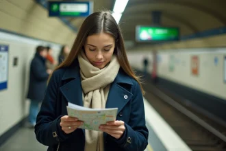 Jeune femme lisant un plan de metro à Paris