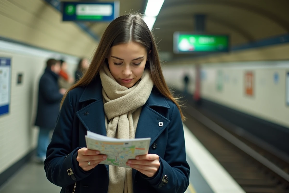 Jeune femme lisant un plan de metro à Paris