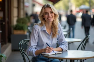 Jeune femme blonde souriante dans un café parisien
