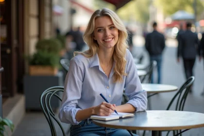 Jeune femme blonde souriante dans un café parisien