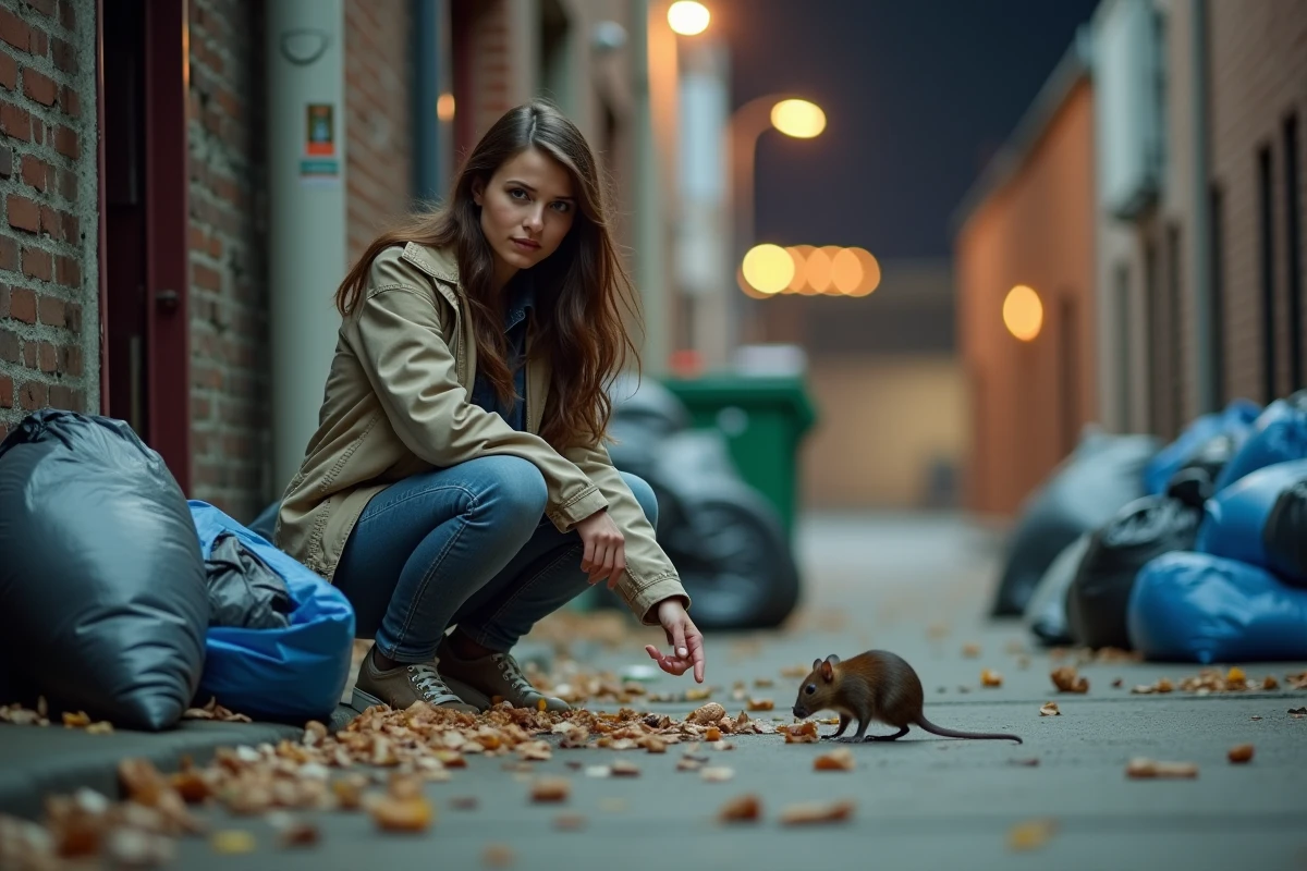 Jeune femme pointant des rats près d