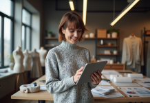 Jeune femme avec tablette dans un studio textile moderne
