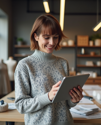 Jeune femme avec tablette dans un studio textile moderne