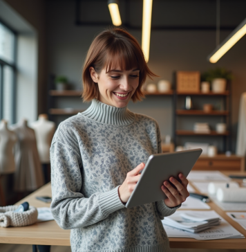 Design textile et technologie : qu’est-ce que c’est et comment ça fonctionne ? Jeune femme avec tablette dans un studio textile moderne