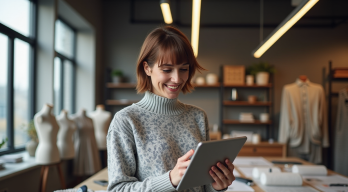 Jeune femme avec tablette dans un studio textile moderne