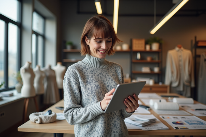 Jeune femme avec tablette dans un studio textile moderne