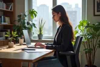 Jeune femme en blazer travaillant sur un laptop dans un bureau lumineux