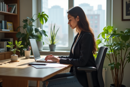 Jeune femme en blazer travaillant sur un laptop dans un bureau lumineux