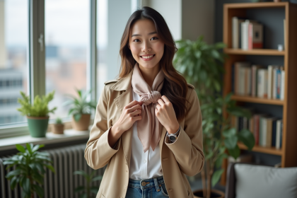 Jeune femme élégante en trench beige et foulard