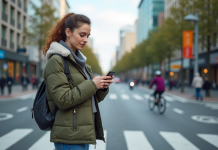 Définition zone urbaine : caractéristiques et enjeux pour l’environnement Jeune femme dans la ville en regardant son téléphone