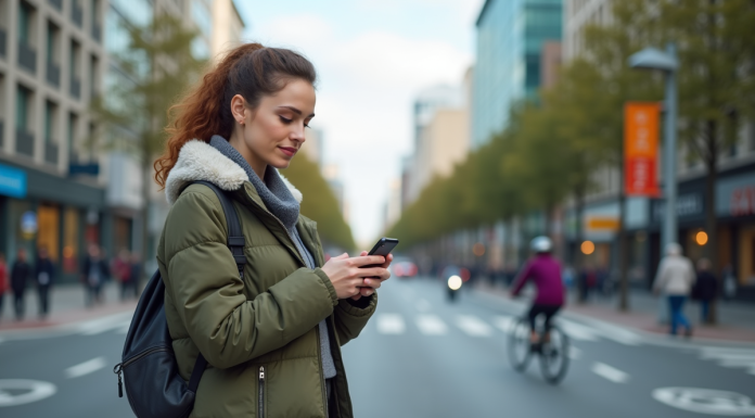 Jeune femme dans la ville en regardant son téléphone