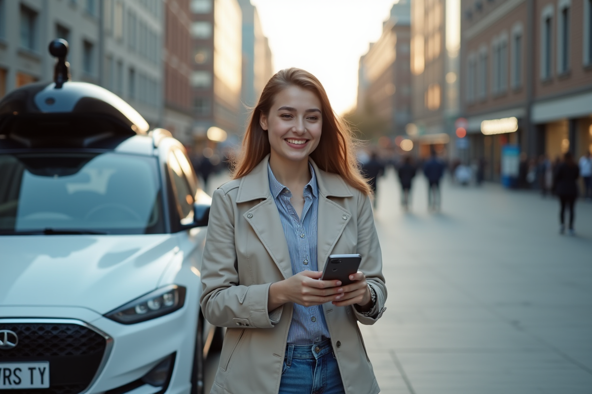 Jeune femme souriante avec smartphone devant voiture autonome en ville