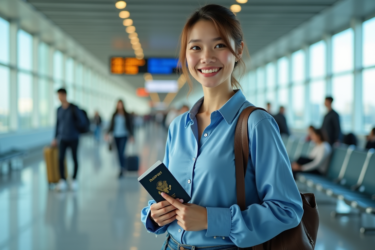 Jeune femme voyageant avec passeport dans un aéroport international