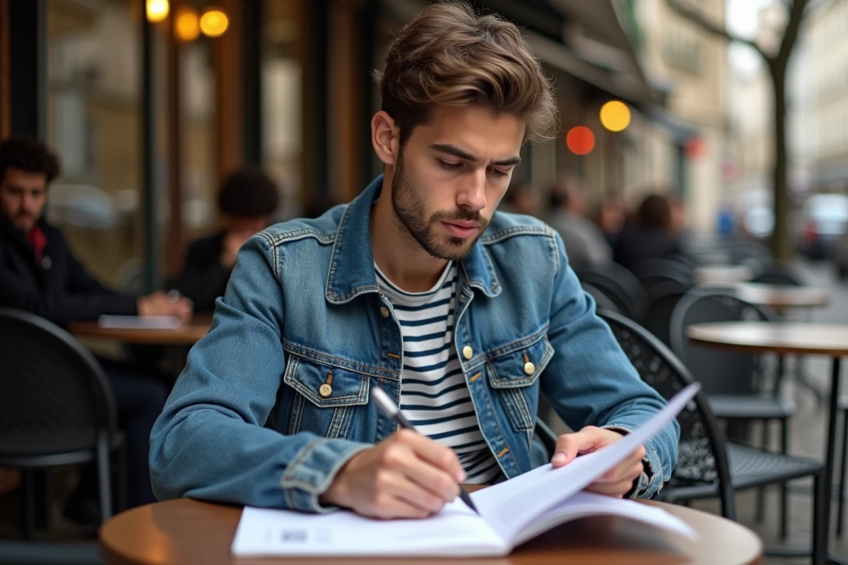 Jeune homme lisant un livre de grammaire dans un café parisien