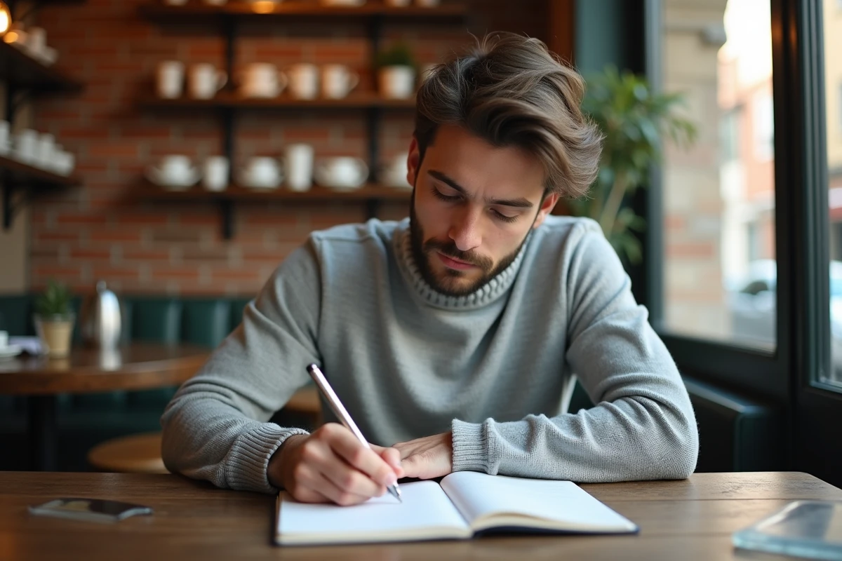 Jeune homme écrivant dans un café italien