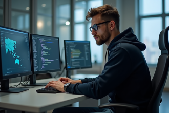 Jeune homme concentré devant ses écrans en hightech