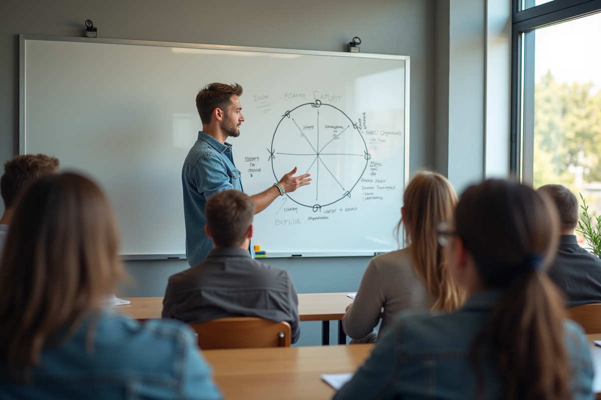 Jeune homme en classe expliquant un concept