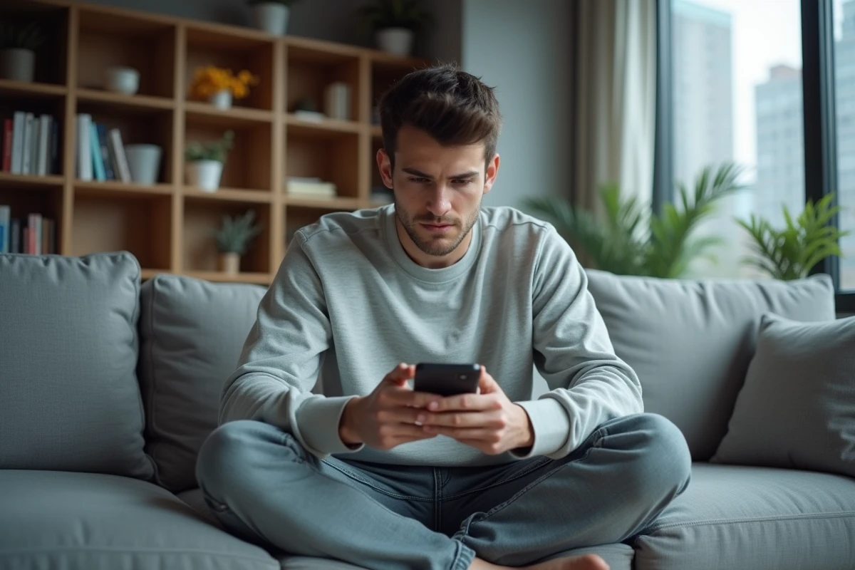 Jeune homme concentré jouant à un jeu mobile sur son smartphone en position assise dans un salon contemporain