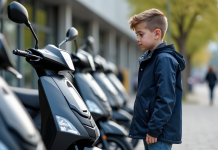 Jeune garçon inspectant des scooters en ville